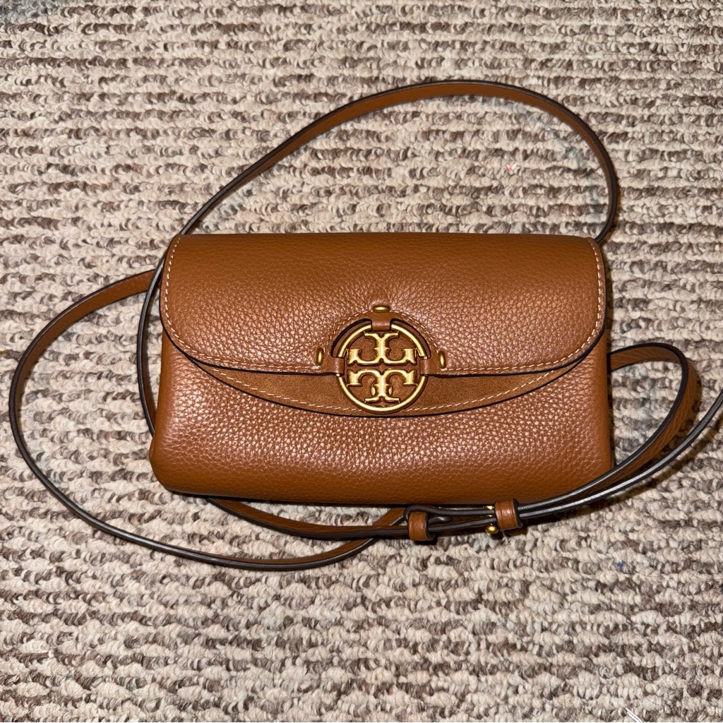 Tory Burch Miller Crossbody Bag Wallet Umber Brown Pebbled Leather New